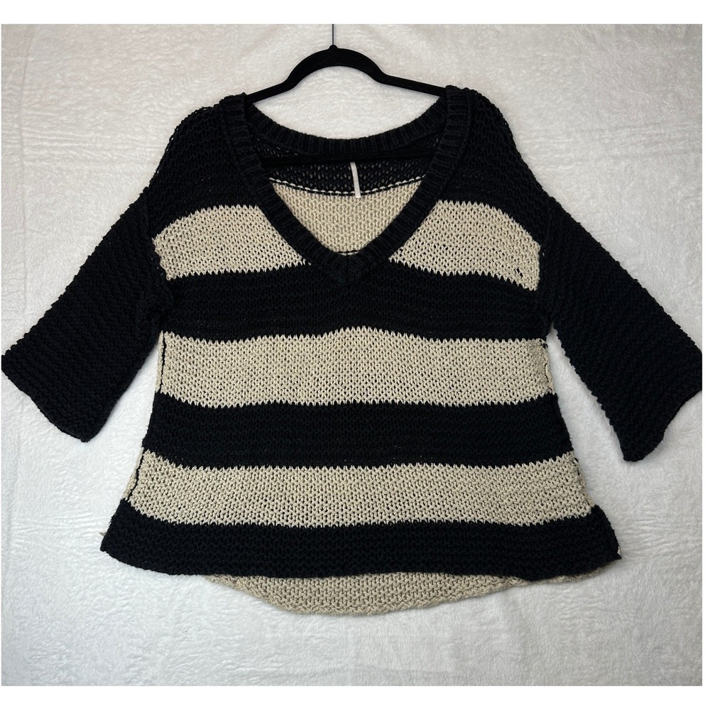 Free People Striped V-Neck Sweater Womens Medium Black Beige Chunky Knit